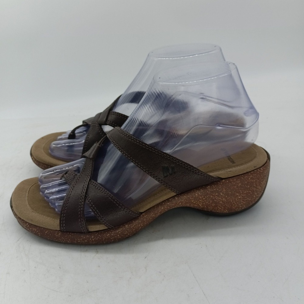 Merrell Sundial Cross Dark Roast Womens Size 7 Brown Leather Wedge Sandals S6